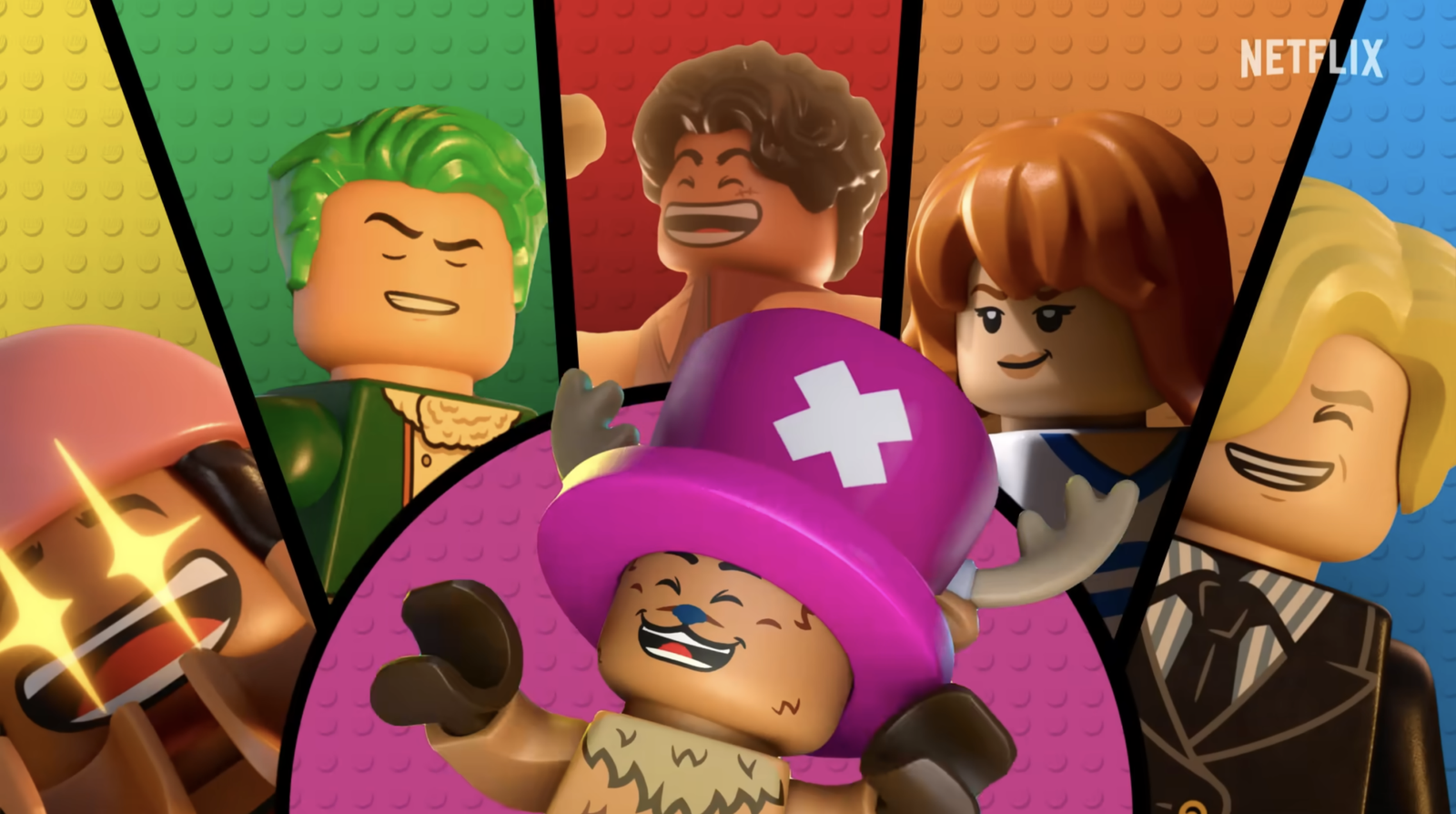 Versiones LEGO de Monkey D. Luffy y los Sombrero de Paja en el especial LEGO ONE PIECE de Netflix.