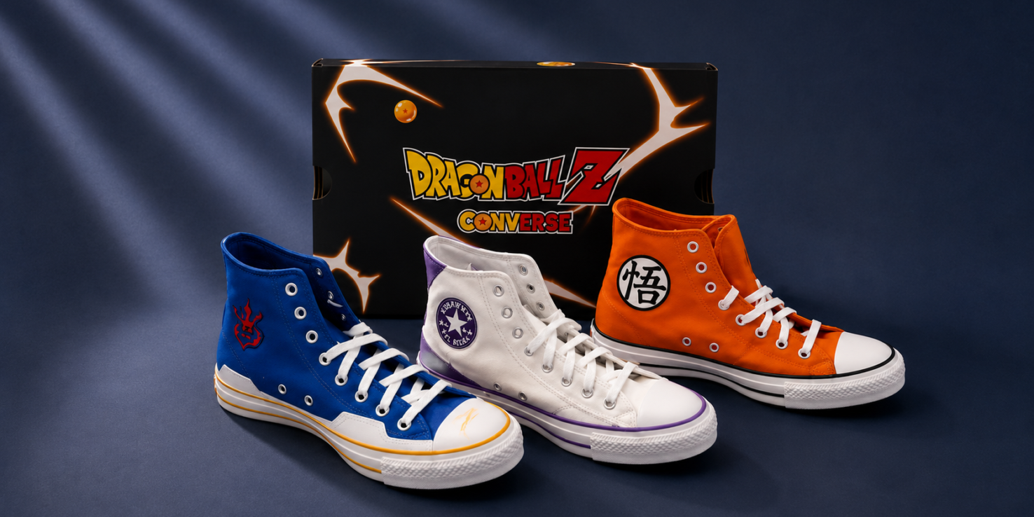 Modelos de la colección Dragon Ball Z x Converse inspirados en Goku, Vegeta, Freezer, Cell, Majin Buu y Shenlong.