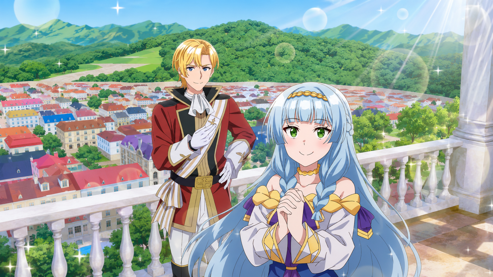Eliane y Nigel en el primer visual promocional del anime Shin no Seijo de Aru Watashi wa Tsuihō Saremashita, programado para 2027.