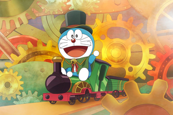 Doraemon y Nobita junto a la Steam-Powered Time Machine de la película 46 de Doraemon, que se estrenará el 5 de marzo de 2027.