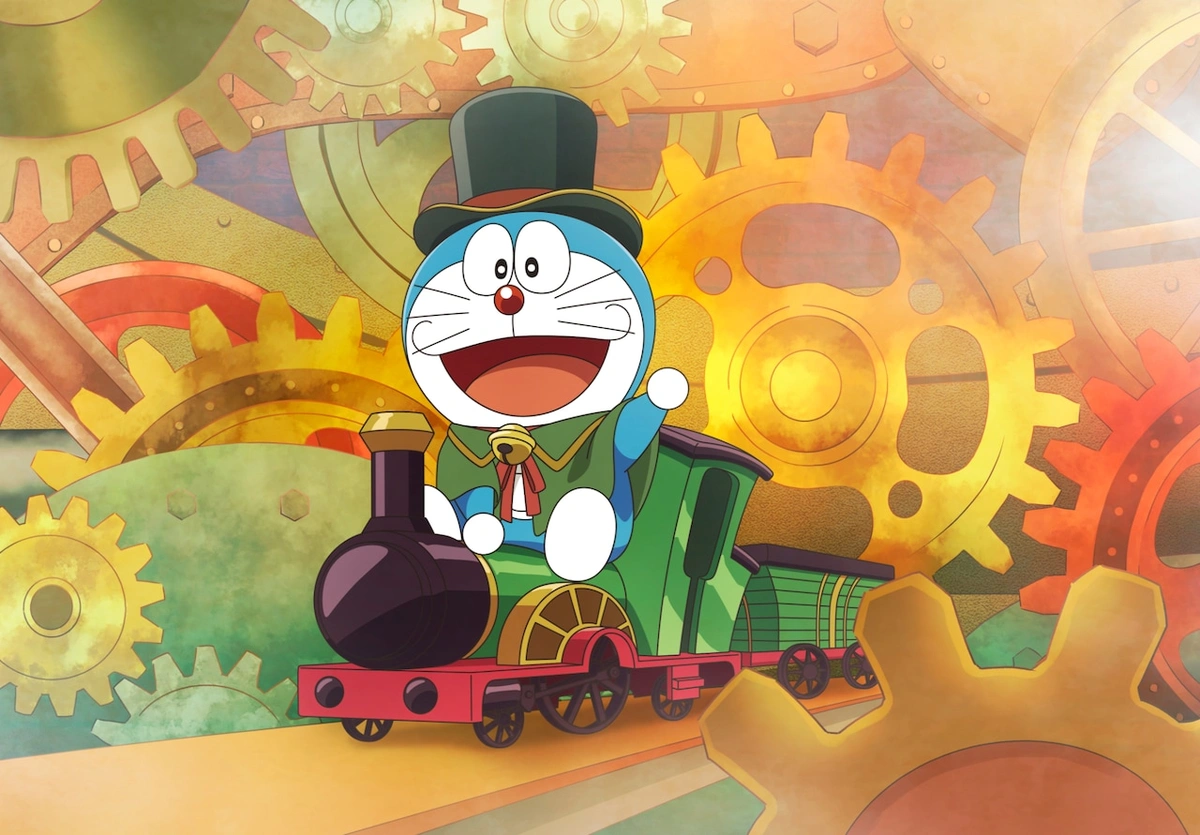Doraemon y Nobita junto a la Steam-Powered Time Machine de la película 46 de Doraemon, que se estrenará el 5 de marzo de 2027.